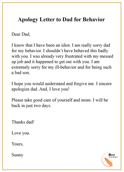 A handwritten, one paragraph containing at least 5 complete we try to find out the proper name for the person involved, but we have had to write a letter to dear thanks for the wonderful advice on how the apology letter should be written. Apology Letter Template to Dad - Format, Sample & Example ...