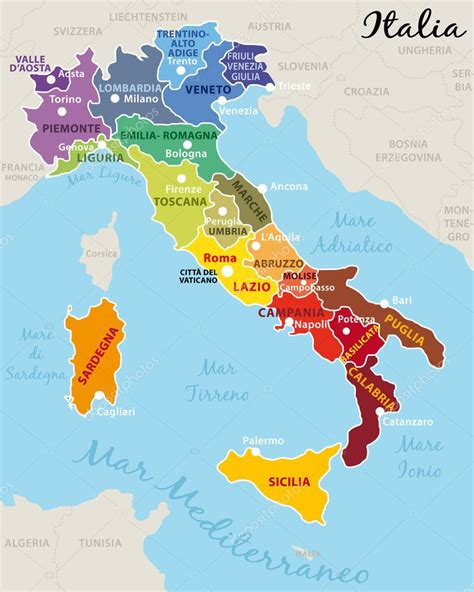 Beautiful Colorful Map Italy Italian Regions Capitals Important Cities