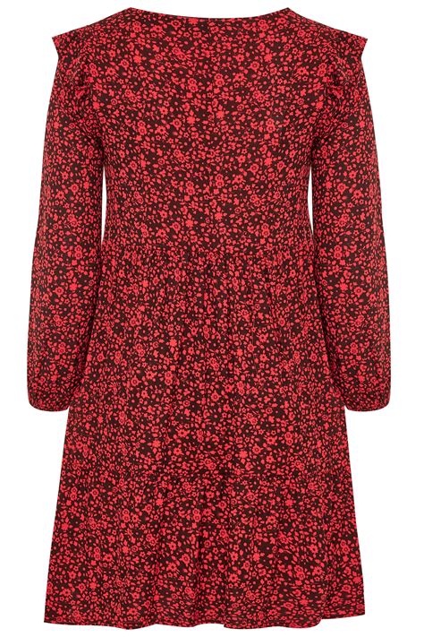 Red And Black Ditsy Floral Frill Dress Yours Clothing