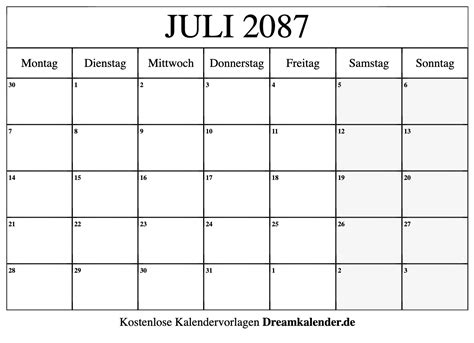 Kalender Juli 2087