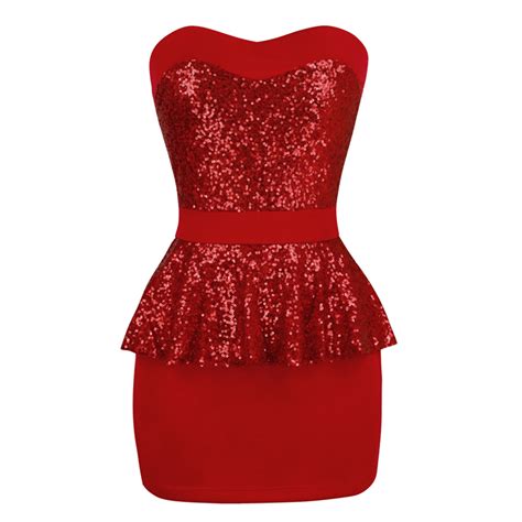 Womens Sexy Red Sequins Summer Mini Evening Cocktail Party Peplum Dress N7831