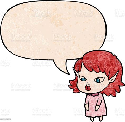 Cartoon Elf Girl With Pointy Ears With Speech Bubble In Retro Texture