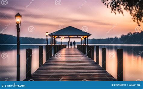 Serenity at Dusk a Majestic Pier and Tranquil Lake Embrace Stock