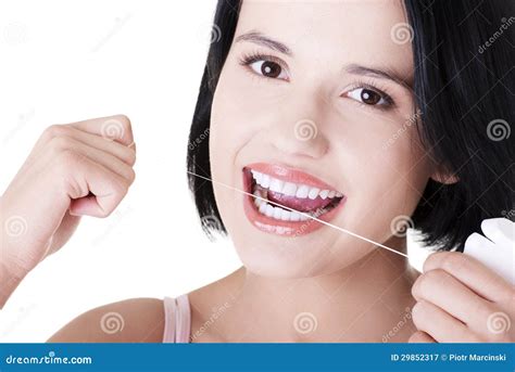 Beautiful Woman Using Dental Floss Stock Image Image Of Fresh Clear 29852317