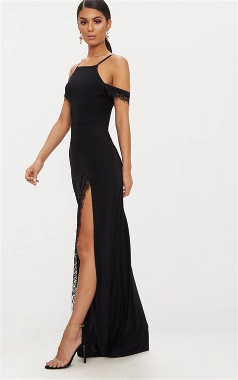 Black Lace Trim Cold Shoulder Extreme Split Maxi Dress Split Maxi Dress Maxi Dress Dresses