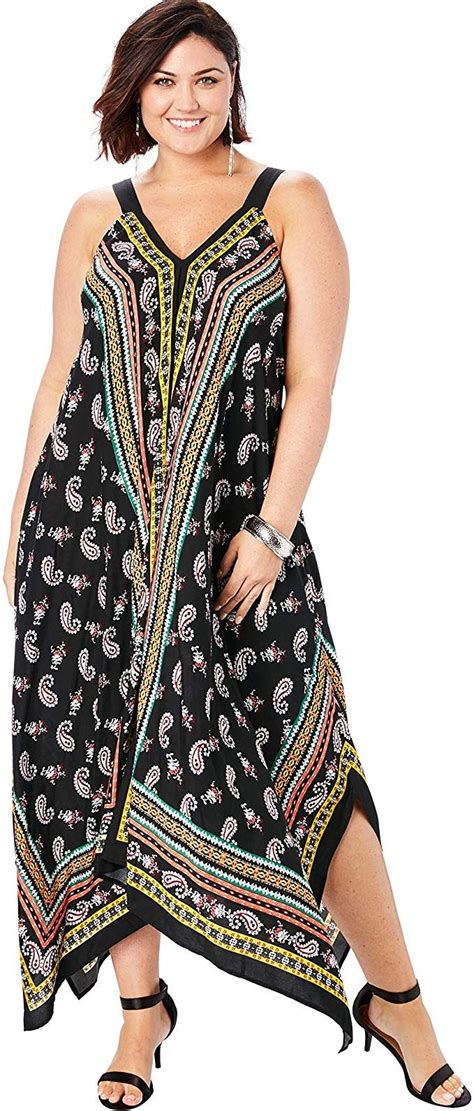 Womens Plus Size Scarf Print Maxi Dress With Handkerchief Hem 2020