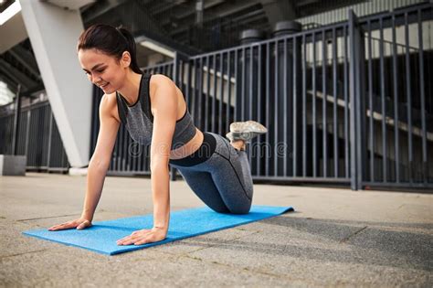 Smiling Pretty Woman Doing Push Ups Outdoors Stock Photo Image Of