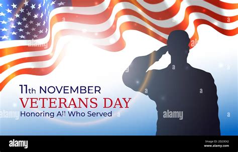 Happy Veterans Day Banner Waving American Flag Silhouette Of A
