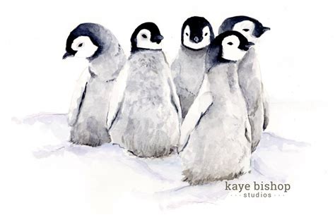 Penguins Watercolor Painting Baby Penguins Huddled Penguins