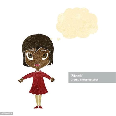 Gadis Kartun Berpakaian Dengan Gelembung Pemikiran Ilustrasi Stok