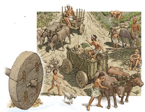 An Image Of Some People And Animals In The Dirt With A Large Wheel On It