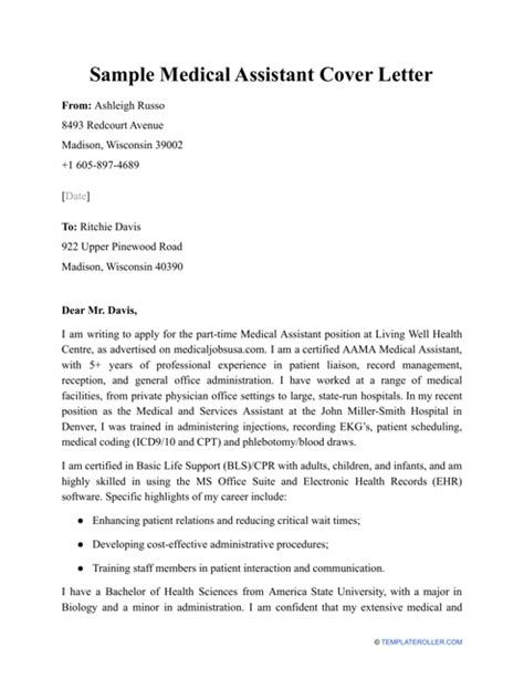 Sample Medical Assistant Cover Letter Download Printable Pdf