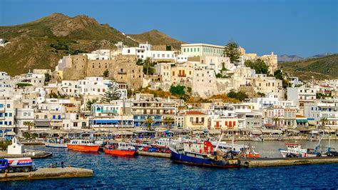 Naxos Island Greece Houses Mountains Marinas Motorboat Hd