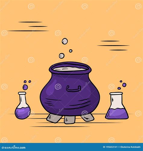 Vector Doodle Illustration Cauldron With A Boiling Potion Flasks With Solution Magic Liquid