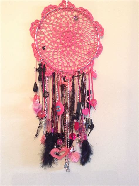 Pink Modern Themed Dream Catcher Made With Doily And Collected Beads