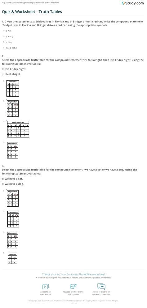 Quiz And Worksheet Truth Tables