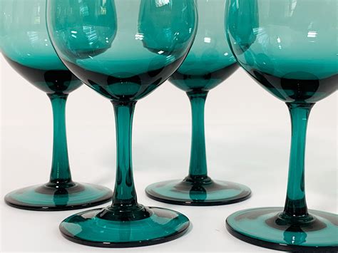 Vintage Aqua Green Wine Glasses Set Of 4 Teal Green Hand Blown Wine Glasses Retro Set Of