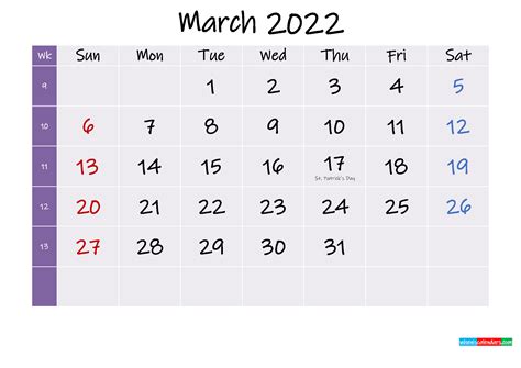 Printable March 2022 Calendar Pdf Template K22m303