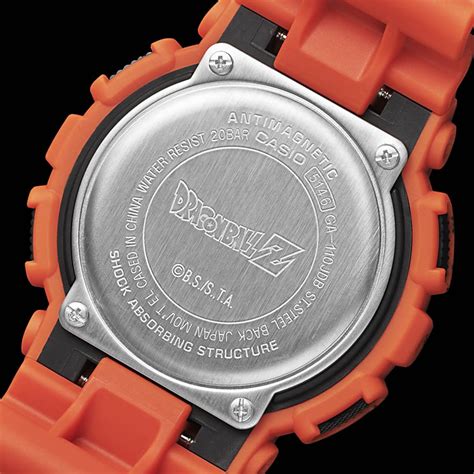 The orange body and watch bands are covered in dragon ball illustrations and graphic elements, including scenes of training and growth of son goku. Casio - Montre G-Shock x Dragon Ball Z GA-110JDB-1A4ER Orange - LaBoutiqueOfficielle.com