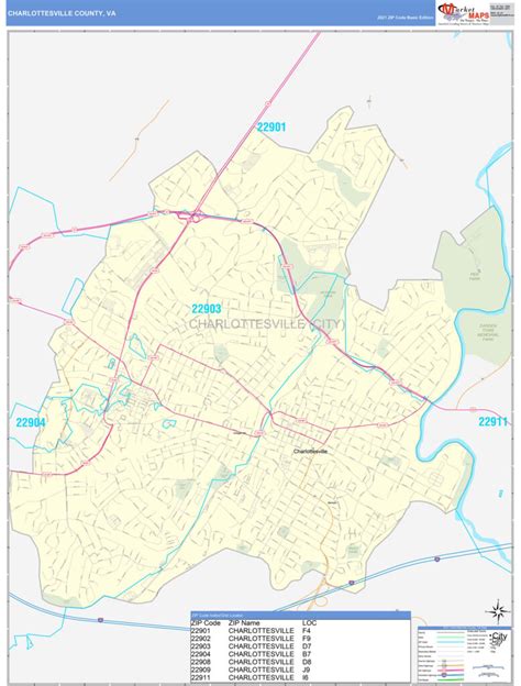Charlottesville County Va Zip Code Wall Map Basic Style By Marketmaps