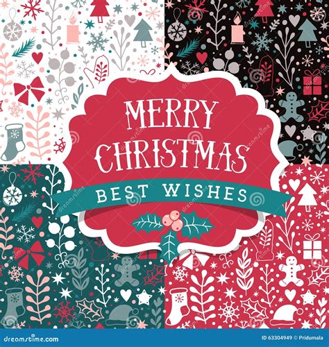Merry Christmas Seamless Patterns Set Holidays Layout Retro Label