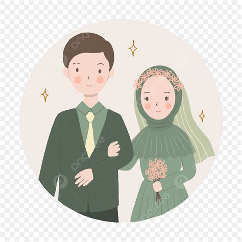 Pasangan Pengantin Yang Lucu Berbaju Hijau Mengenakan Ilustrasi Jilbab