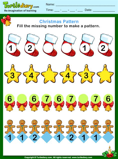 Christmas Pattern Fill Missing Numbers Worksheet Turtle