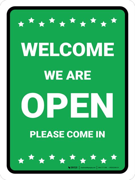 Welcome We Are Open Please Come In With Icons Green Portrait Wall Sign