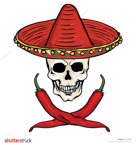 Vector Skull In A Mexican Sombrero And Ross Of Chili Peppers Mexican