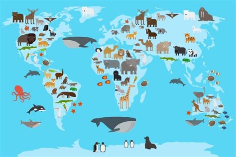World Map Animals Europe And Asia South And North America Australia