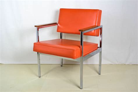 Steelcase Mid Century Modern Chrome Arm Chair Orange Upholstery Mid
