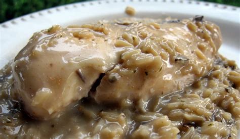 Combine chicken with white rice and mushroom soup to make a filling casserole that requires only 10 minutes of preparation time. baked chicken thighs and rice with cream of mushroom soup