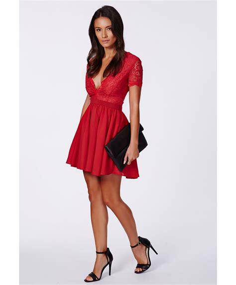 Missguided Aleena Eyelash Lace Plunge Neck Puffball Mini Dress In Red In Red Lyst