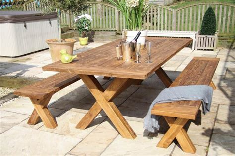 24m Reclaimed Teak Cross Leg Outdoor Dining Table With 2 Backless