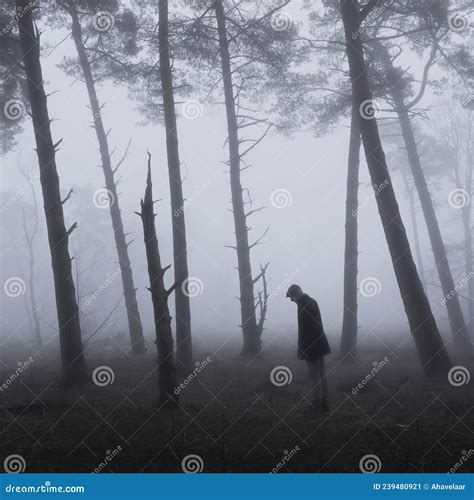 Hombre Solitario Entre Troncos De Pinos En Un Bosque Nublado Imagen De Archivo Imagen De