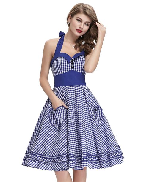 Blue Gingham Halter Pin Up Dress Vintage Clothing Online 1950s Glam