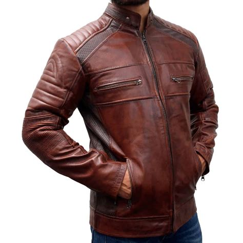 Mens Cafe Racer Distressed Brown Leather Motorcycle Jacket
