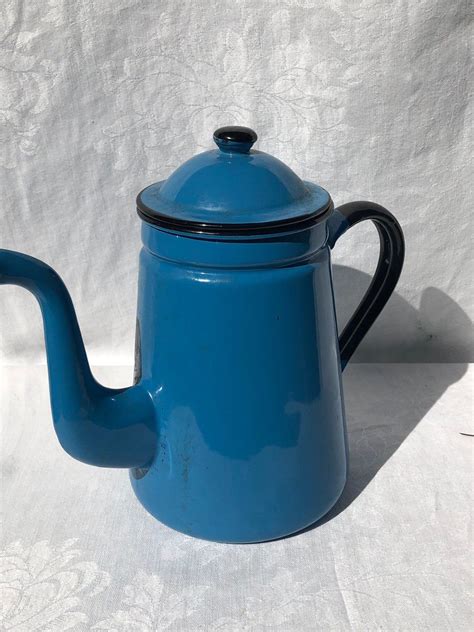 French Blue Enamelware Coffee Pot With Lid Vintage Coffee Etsy In