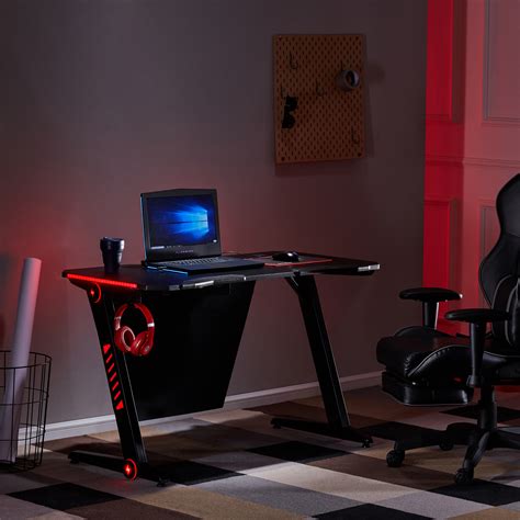 Merax Ergonomic Gaming Desk With Rgb Led Lights And Headphone Hook