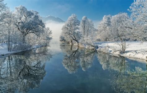Wallpaper Winter Frost Trees Reflection River Germany Bayern