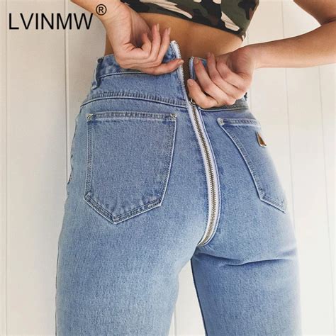 LVINMW Sexy Back Zipper Light Blue Denim Jeans Autumn Winter Women High Waist Skinny Pencil