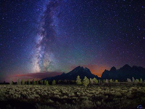 Starry Night Over Grand Teton Range Stars Mountains Nature Trees