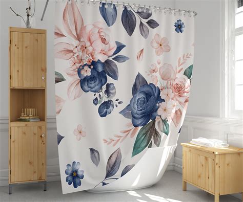 Floral Shower Curtain Pink Coral Navy Blue Watercolor Etsy