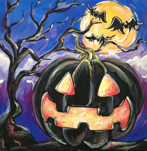 An Acrylic Painting Of A Jack O Lantern With Bats On It
