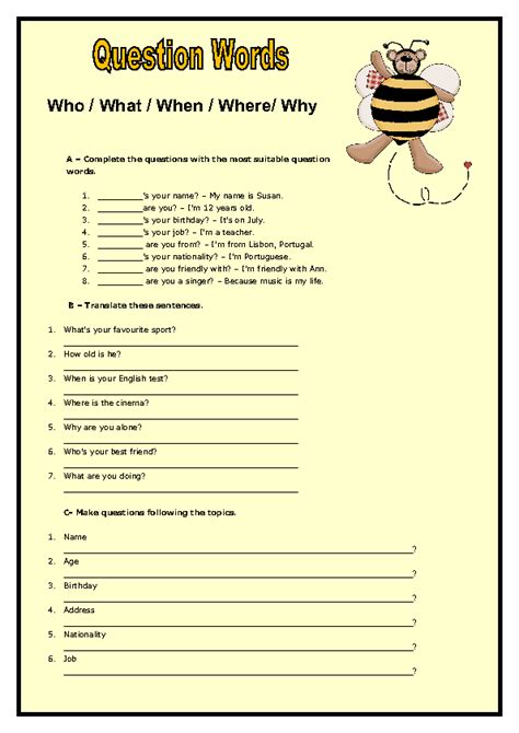 Wh Question Words My English Printable Worksheets