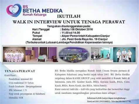 Dinas kesehatan kabupaten karanganyar sedang membuka lowongan kerja terbaru untuk lulusan sma sederajat hingga s1. Lowongan Kerja Perawat Langsung Wawancara di Rumah Sakit Betha Medika Sukabumi