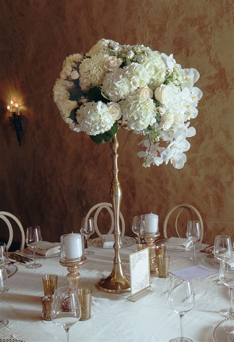 White Blush Tall Wedding Centerpiece On Gold Candelabra Stand White
