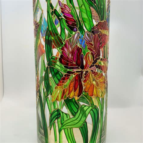 Tall Stained Glass Vase Hand Painted Irises Vase 104 1 3 In Etsy
