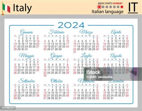 Italian Horizontal Pocket Calendar For 2024 Week Starts Sunday Stock