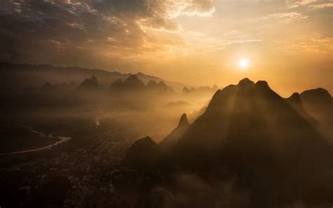 Wallpaper Sunlight Landscape Mountains Sunset Cityscape China